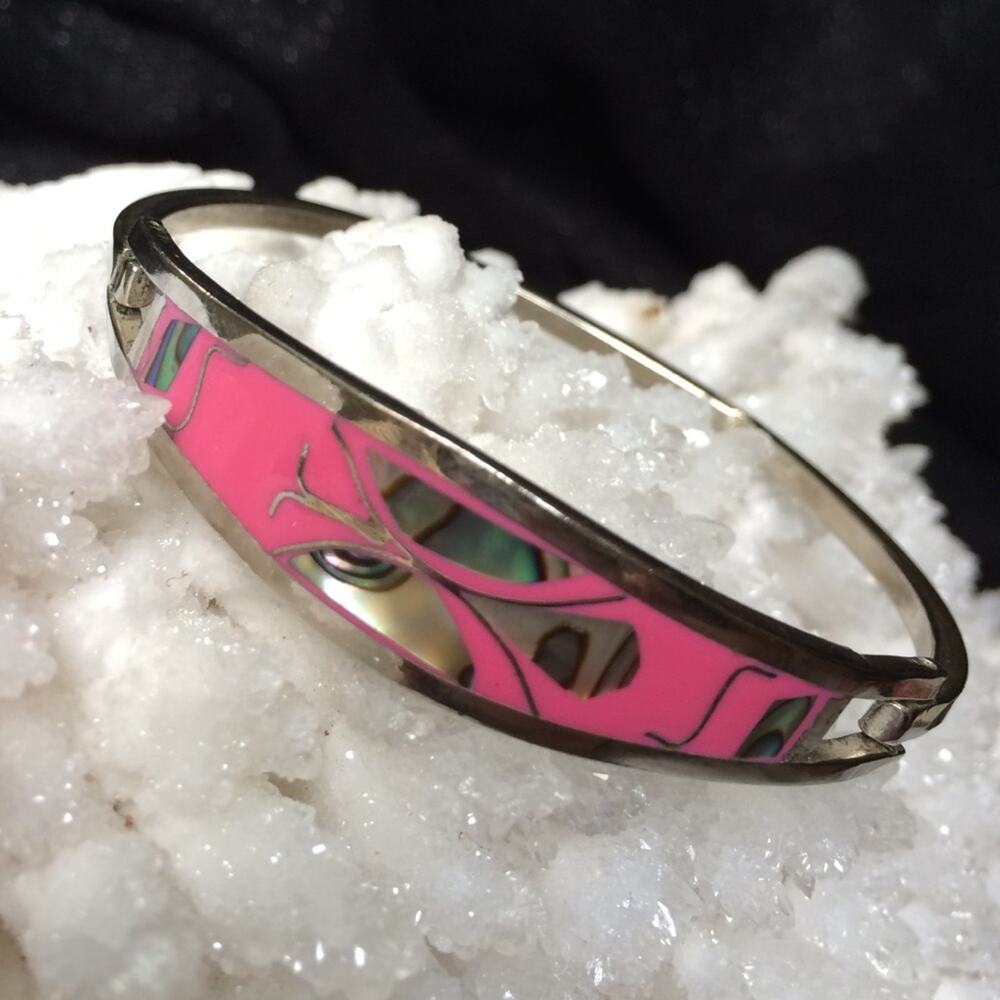VINTAGE Sterling Silver Pink Mother of Pearl Butterfly Inlay Bracelet Cuff